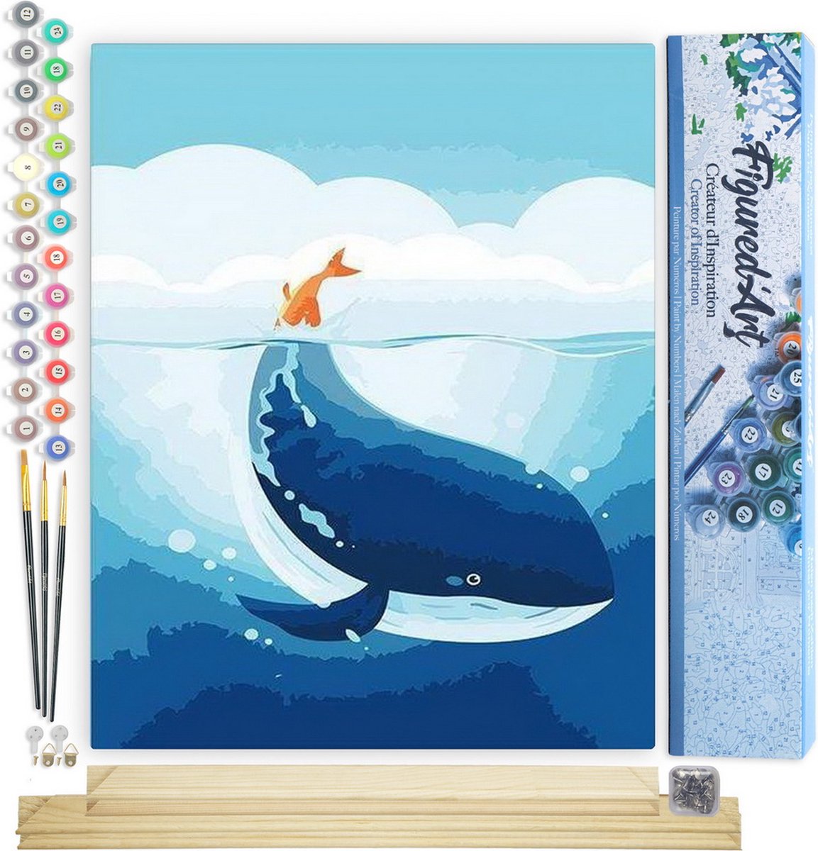 FiguredArt Schilderen op Nummer Volwassenen canvas Blauwe vinvis - Handwerk acrylverf Kit DIY Compleet - 40x50cm met DIY houten lijst